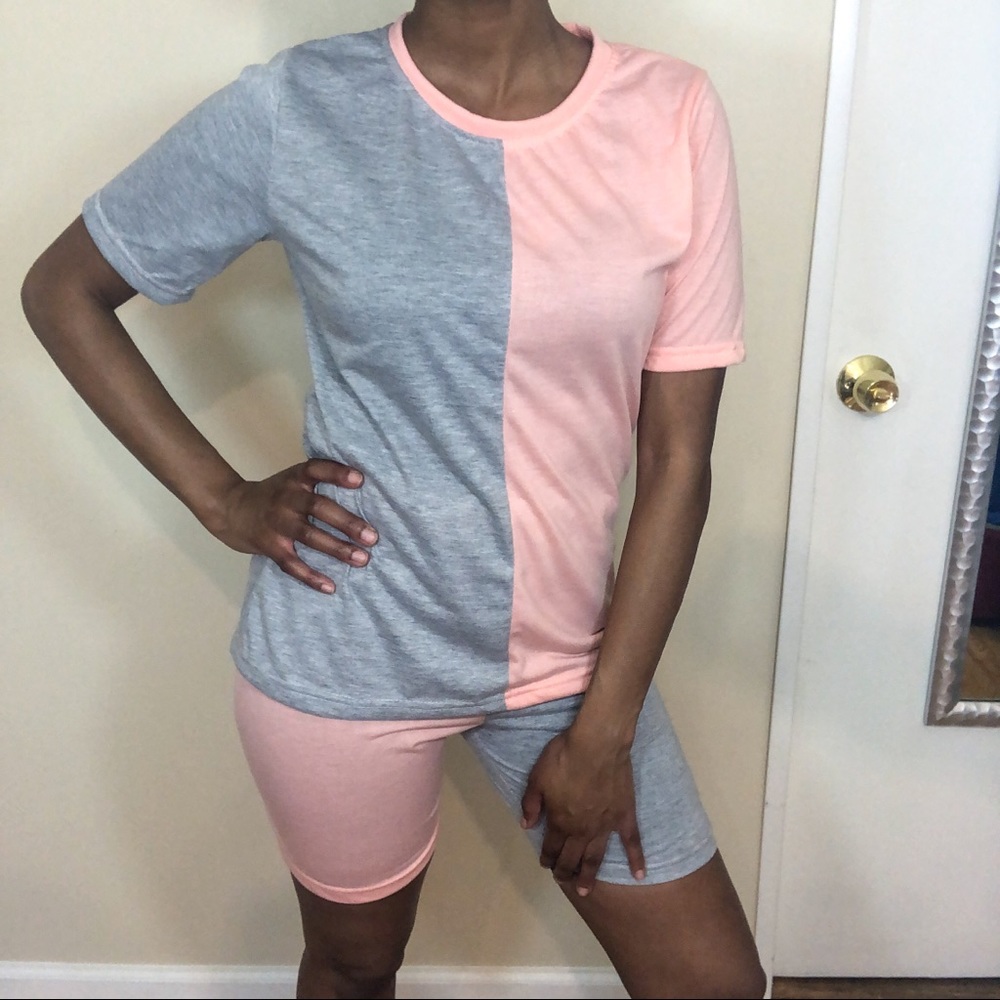 (Size Large) Pink &Black Color Block Short Set - Picture 3 of 5